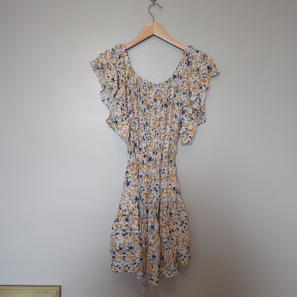 Cream and Blue Ruched Ruffle Mini Sundress - Picture 2 of 4
